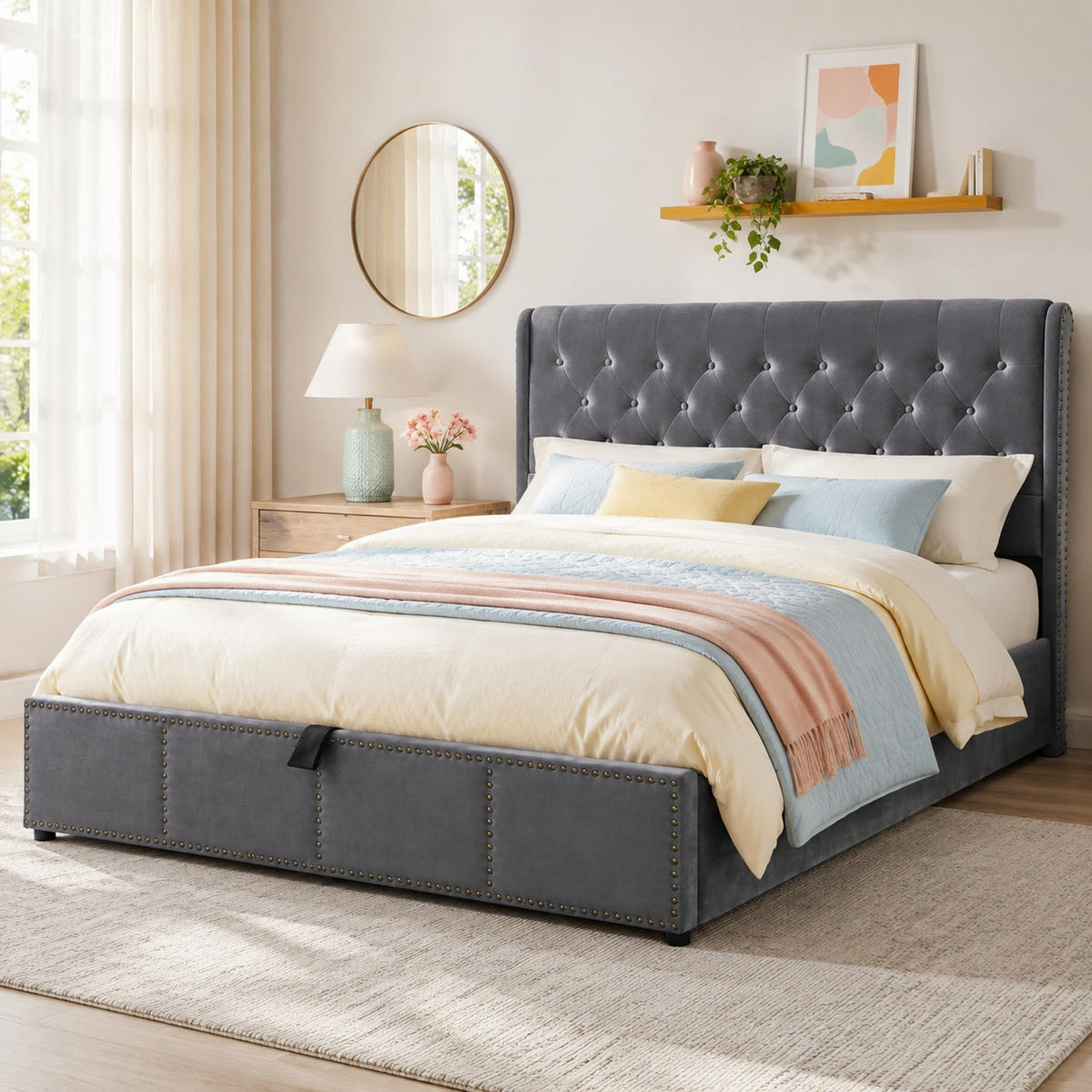POLSTERBETT 180/200 cm in Grau mit Bettkasten und Nieten Samt - Grau, Holzwerkstoff/Textil (180/200cm) - CHICFURN