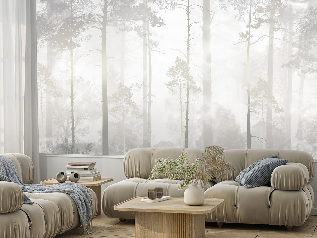 FOTOTAPETE für Schlafzimmer Nebliger Wald Bäume Sträucher Mystik 300x210 - Beige/Weiß, Papier (300/210cm) - Muralo