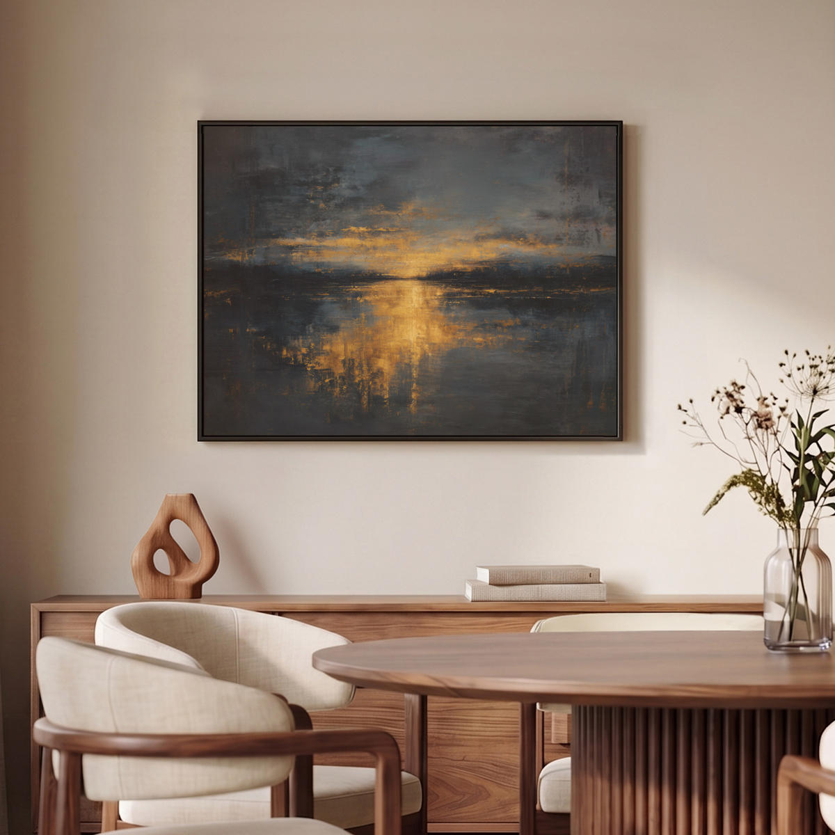 LEINWAND Bilder mit Rahmen - Goldene Reflexion auf dem Wasser - 70x50 - Anthrazit, Textil (70/50cm) - MuchoWow