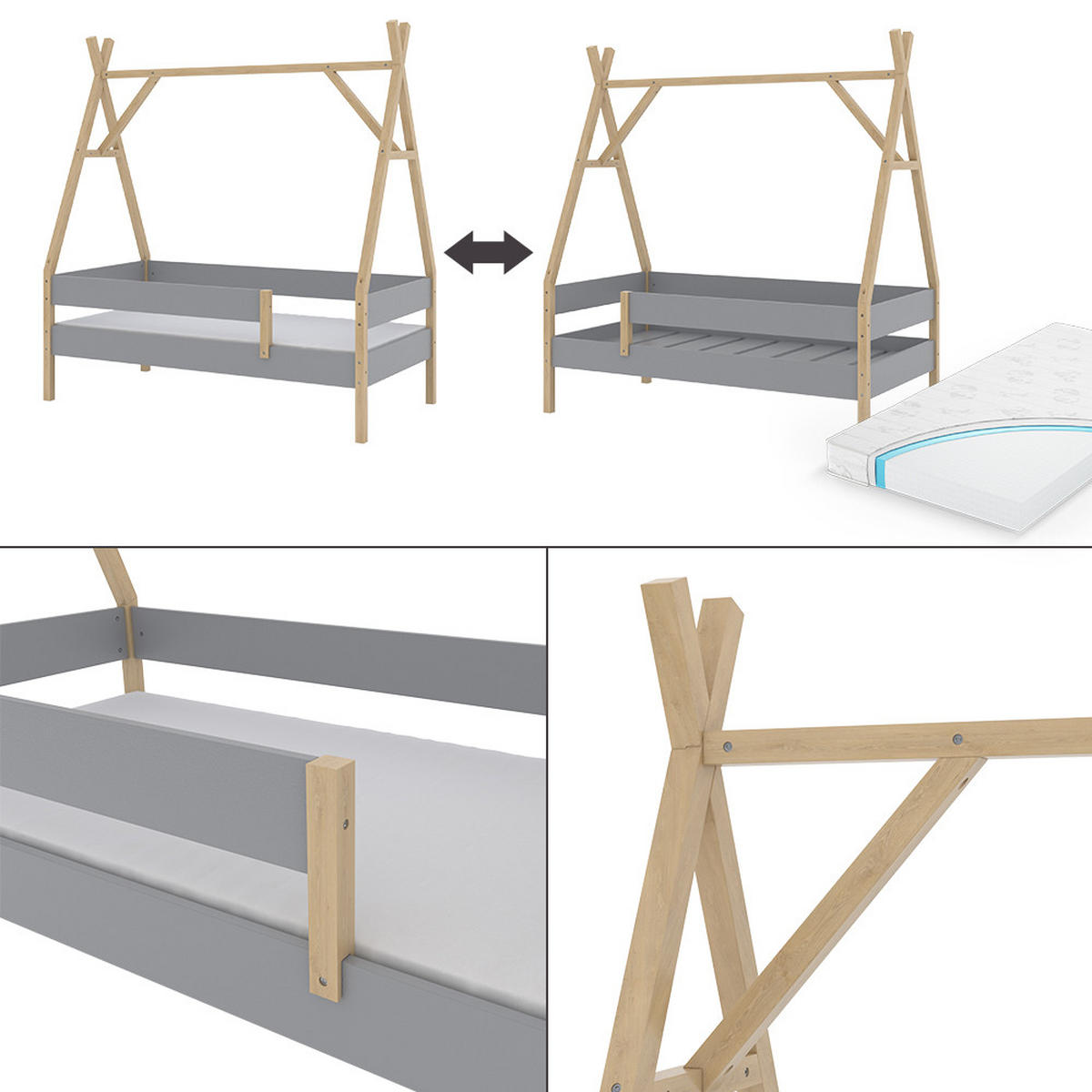 TIPI-BETT Bali Grau 80x160 cm mit Matratze - Grau, Holz - VitaliSpa