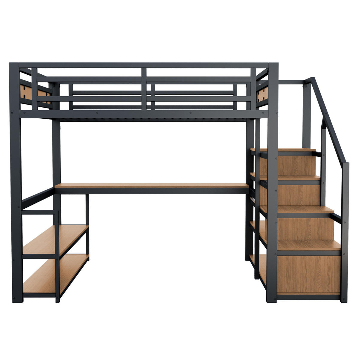 HOCHBETT 140/200 cm aus Metall mit Schreibtisch, Regalen und Stauraumleiter - Schwarz, Metall (140/200cm) - Flora Grace