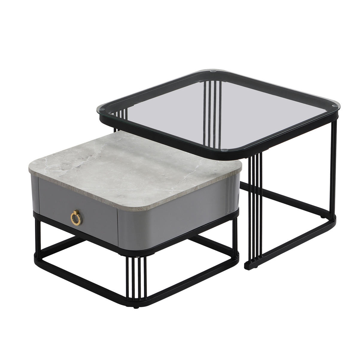 COUCHTISCH 2er-Set 60/60/44,5 + 50/50/34,5 cm mit Schubladen in Marmoroptik - Schwarz, Holzwerkstoff (60/60/45cm) - Flora Grace
