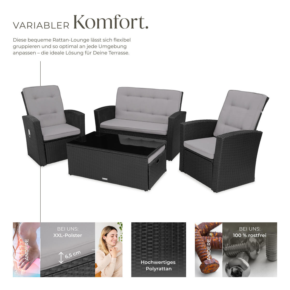 RATTANLOUNGE Bari,mit Sicherheitsglasplatte und Schraubfüßen,schwarz - Schwarz, Kunststoff - tectake