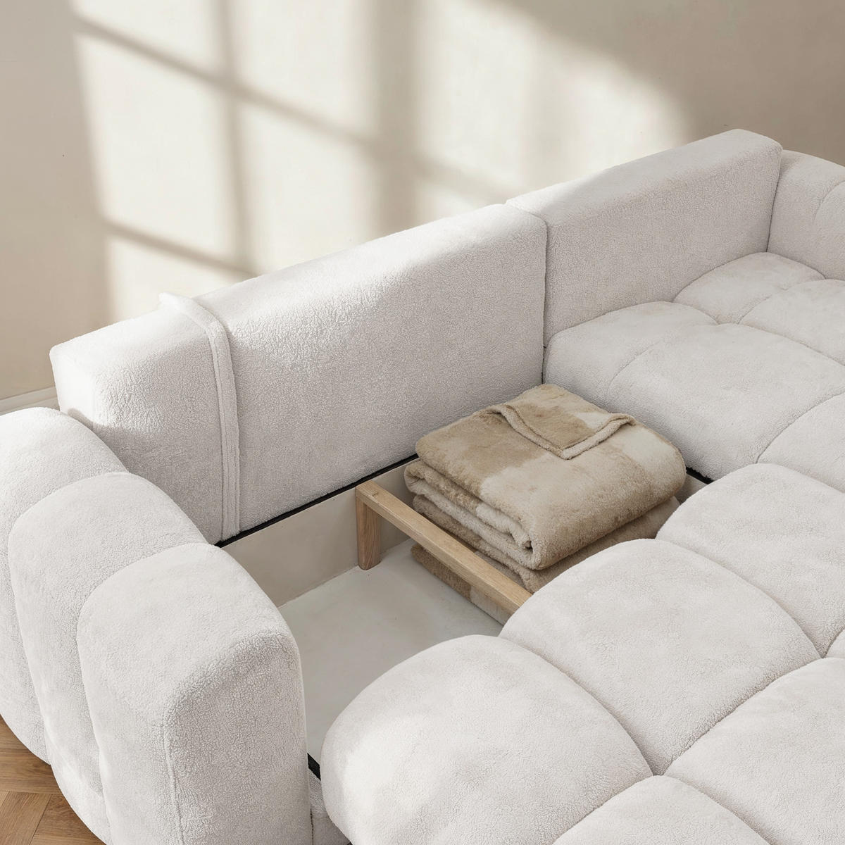ECKSOFA CALM L Rechts mit Schlaffunktion 140x215 Webstoff weiß - Schwarz/Weiß, Holz/Kunststoff (151/261cm) - Muffo