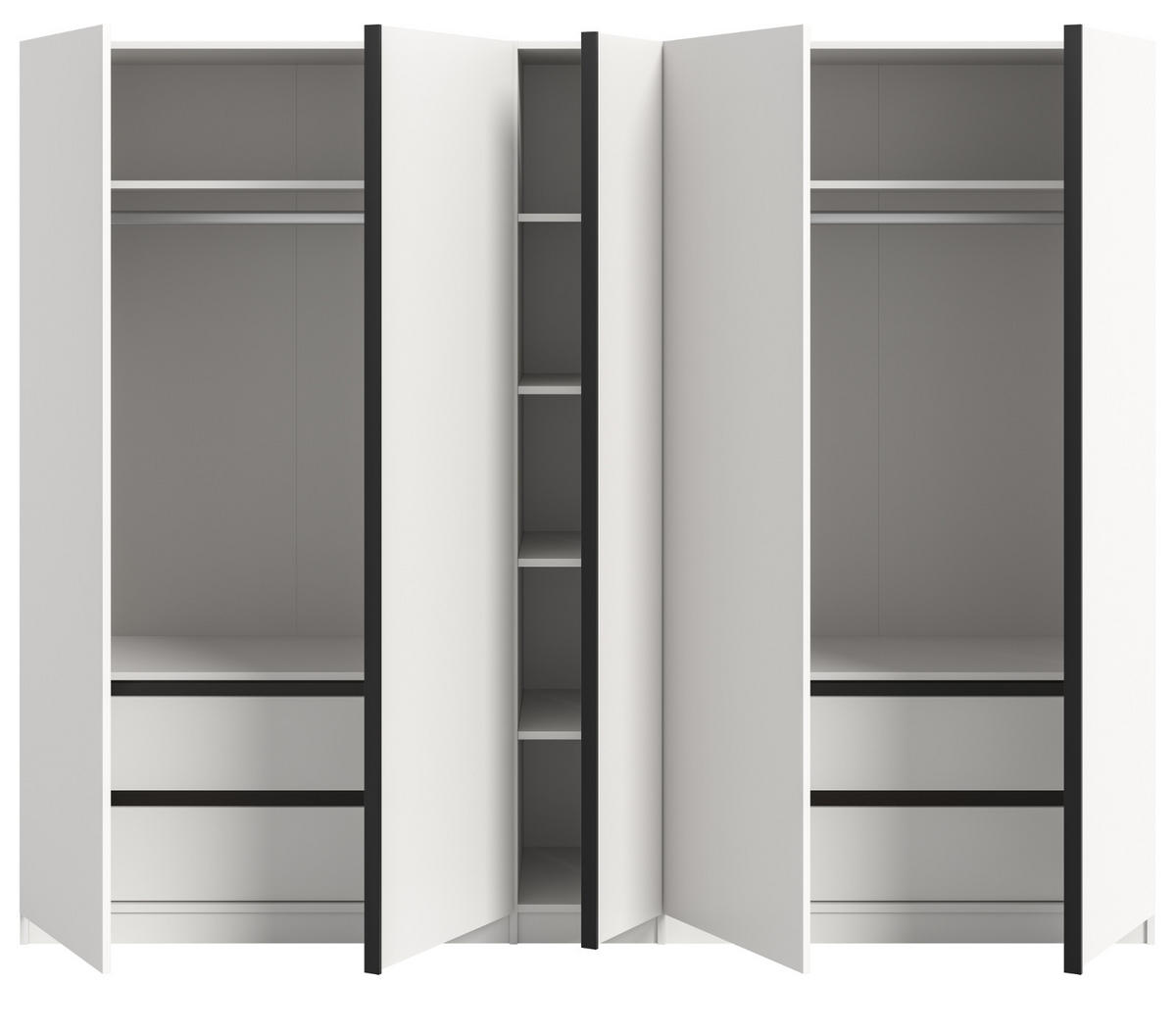 KLEIDERSCHRANK weiß 5-türig 230 x 183 cm, Drehtürenschrank mit 2x Schubkasteneinsatz - Schwarz/Weiß, Holzwerkstoff/Kunststoff (230/183/53cm) - Inn.Furn