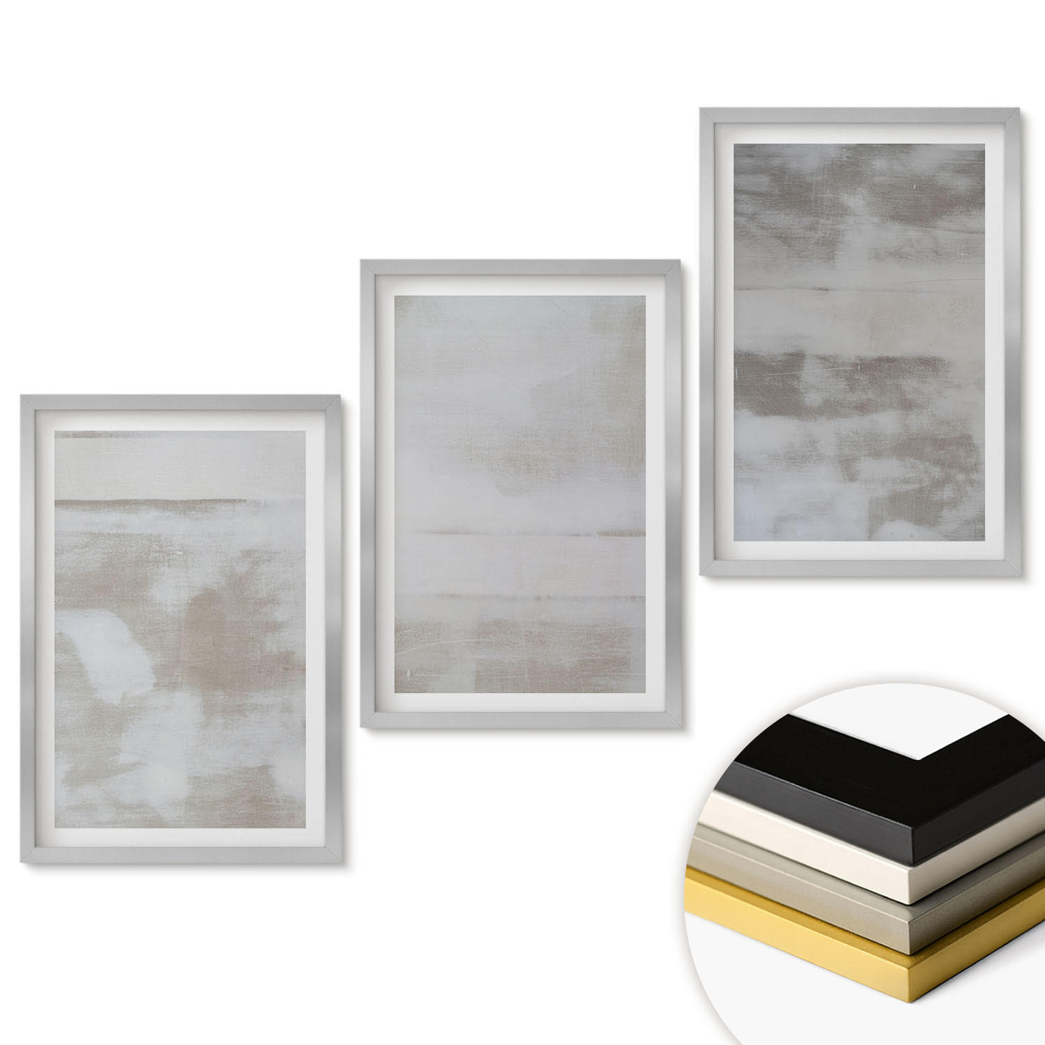 WANDBILDER 3er Set - 40x60 cm Silberner Rahmen - Moderne, Used-Look-Texturen - Silberfarben, Kunststoff (40/60cm) - ArtPrintCave