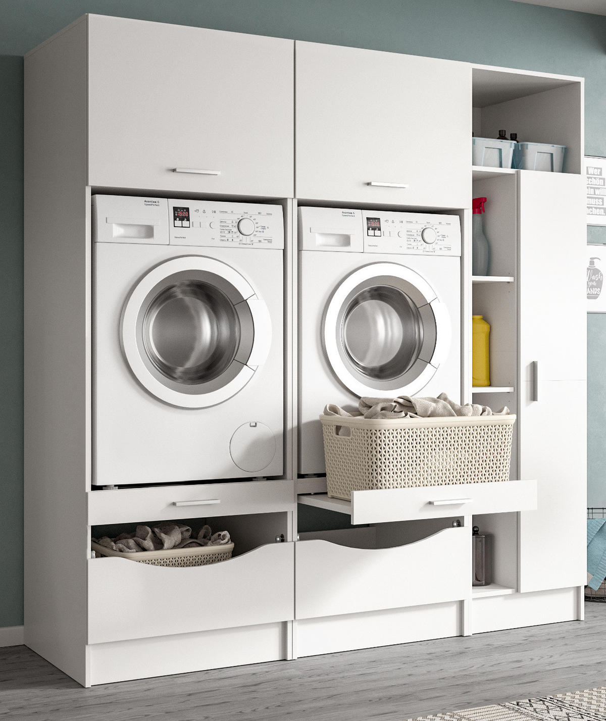 WASCHMASCHINENSCHRANK weiß Set 3-teilig, Waschmaschinenumbau 182 cm mit viel Stauraum - Silberfarben/Weiß, Glas/Holzwerkstoff (182/195/68cm) - Inn.Furn