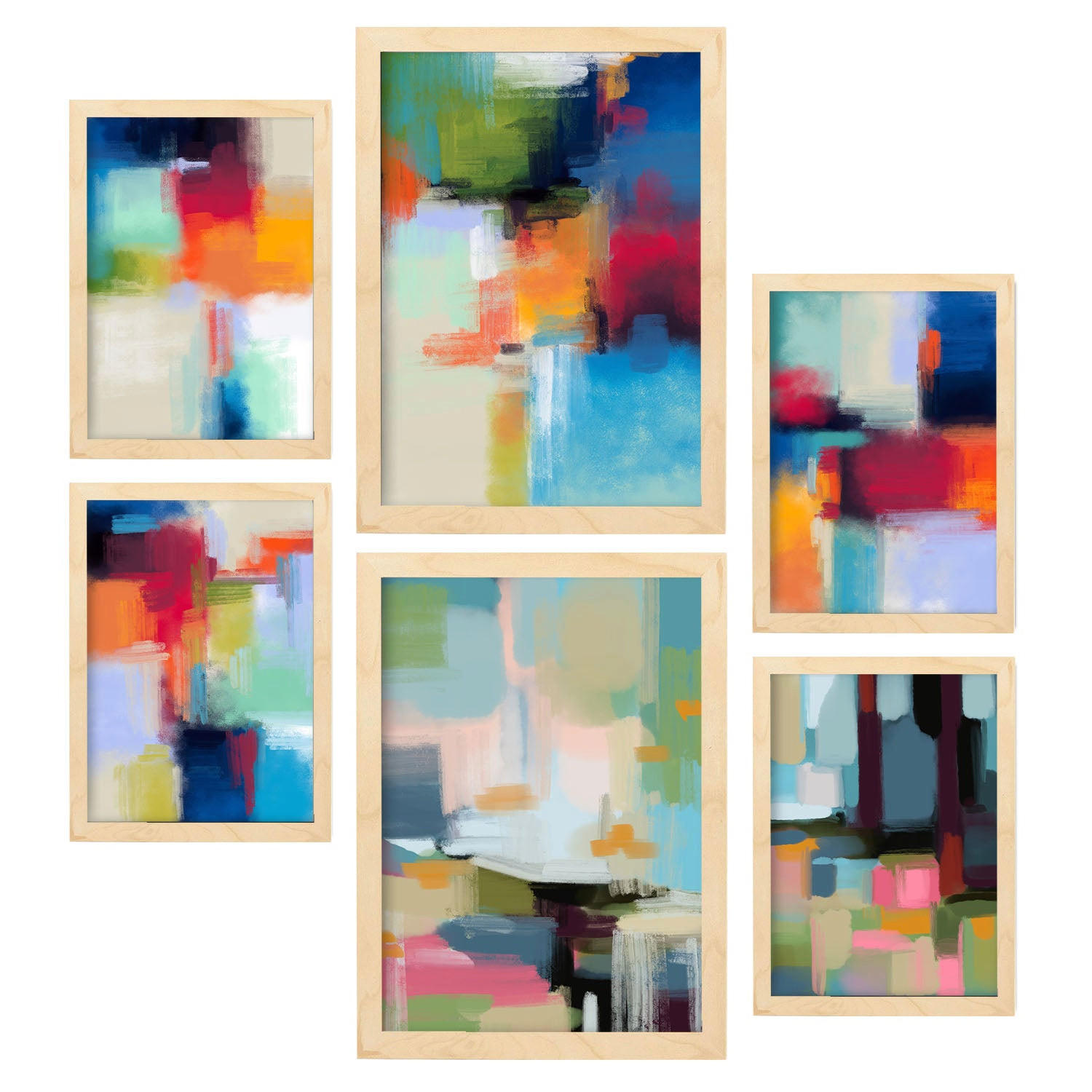 POSTER Set Mit 6 Victorian Shades 2 In Farbenfrohe Zusammenfassungen A3 & A4 Rahmen Aus Hellem Holz - Beige, Papier (29/3cm) - Nacnic