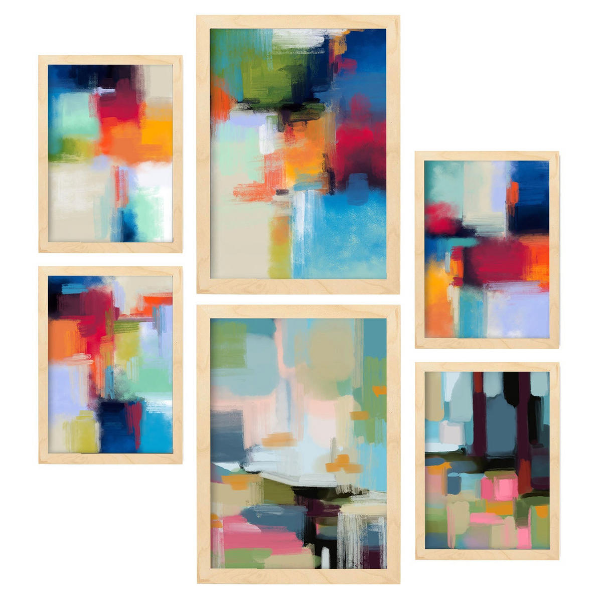 POSTER Set Mit 6 Victorian Shades 2 In Farbenfrohe Zusammenfassungen A3 & A4 Rahmen Aus Hellem Holz - Beige, Papier (29/3cm) - Nacnic