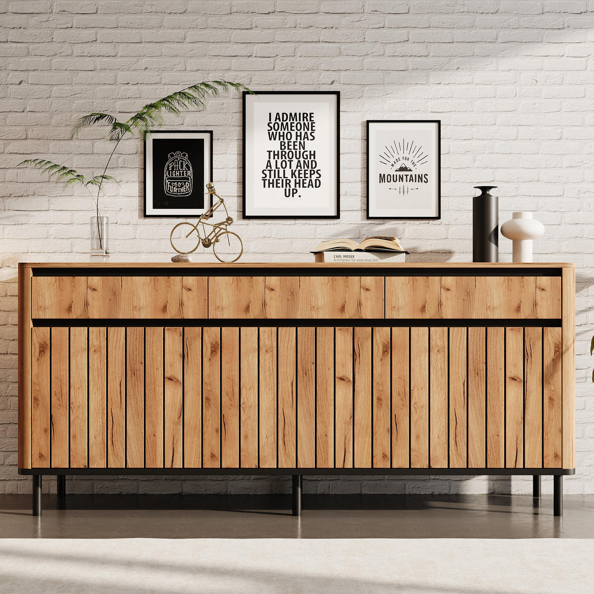 SIDEBOARD DE-37859 mit 3 Schubladen und 3 Lamellentüren Holzfarbe - Naturfarben, Holzwerkstoff (160/73/40cm) - ComfortXL