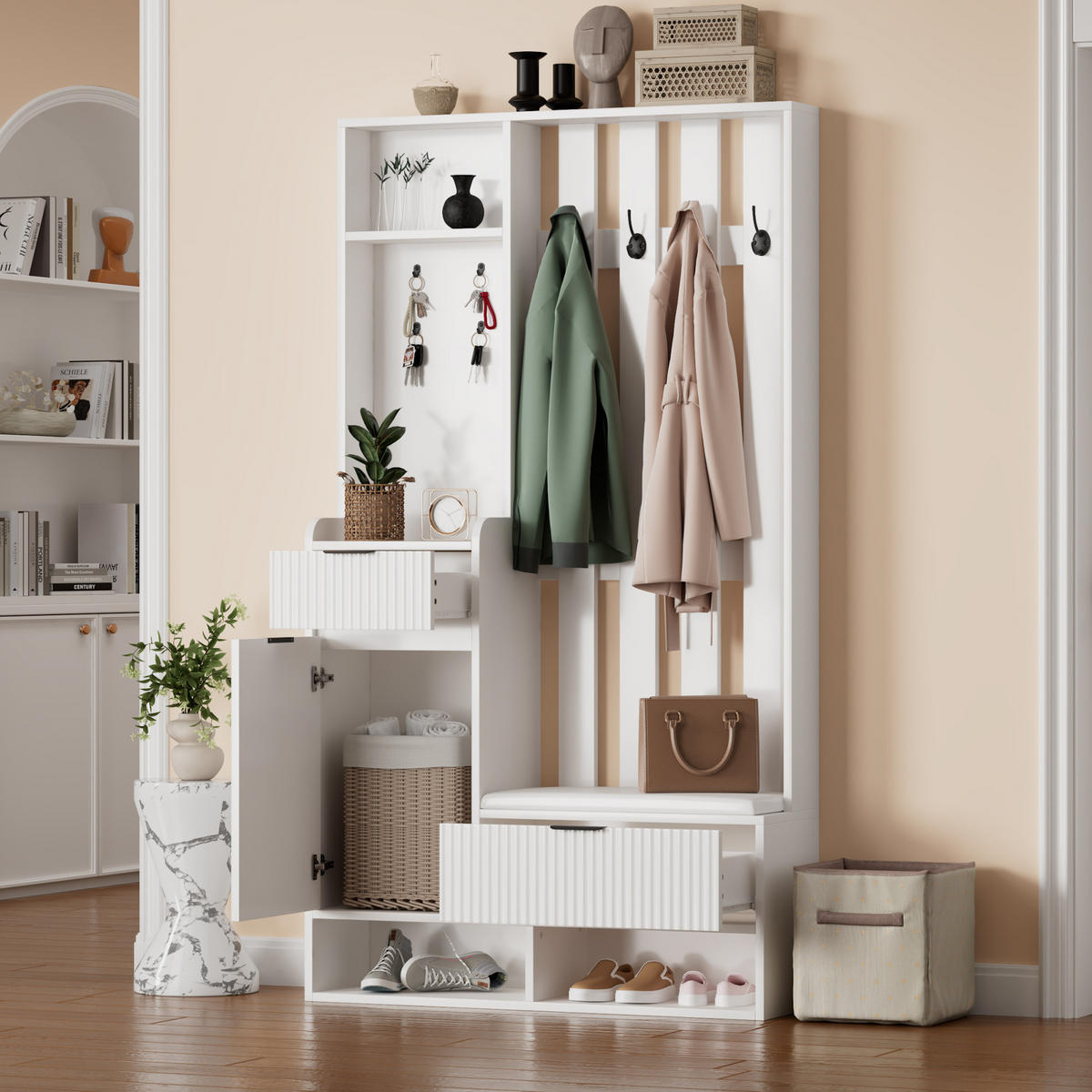 GARDEROBE 6-in-1 mit Sitzbank 100 x 30 x 180 cm Weiß - Weiß, Holzwerkstoff (30/180/100cm) - Beauniv