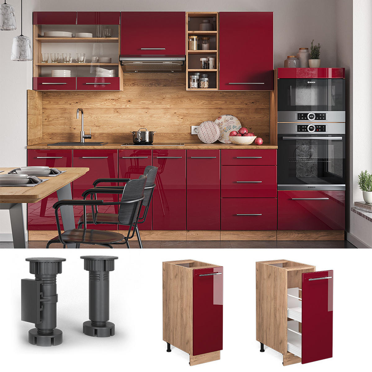APOTHEKERUNTERSCHRANK Fame-Line Bordeaux Hochglanz 30 cm, AP Marmor - Honigeiche/Bordeaux, Holzwerkstoff (30/82/60cm) - Vicco