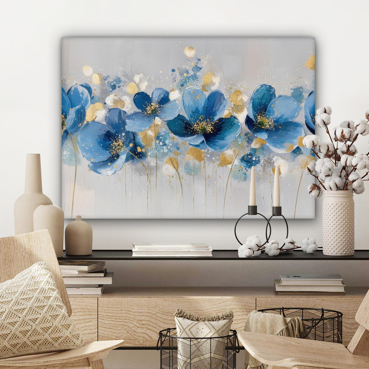 LEINWANDBILD Blumen - Blau - Abstrakt Wandbilder 80x60 cm - Hellgrau, Textil (80/60cm) - MuchoWow