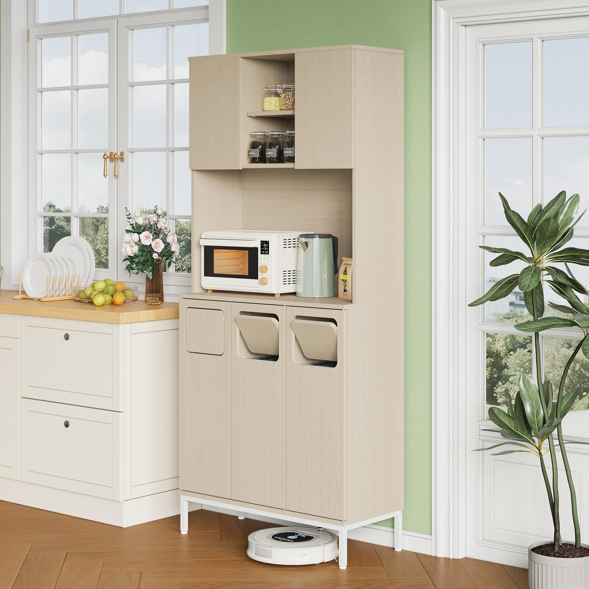 BUFFET 80/35/181 cm Weiß aus MDF mit Mikrowellenfach - Weiß, Holzwerkstoff (80/181/35cm) - OKWISH