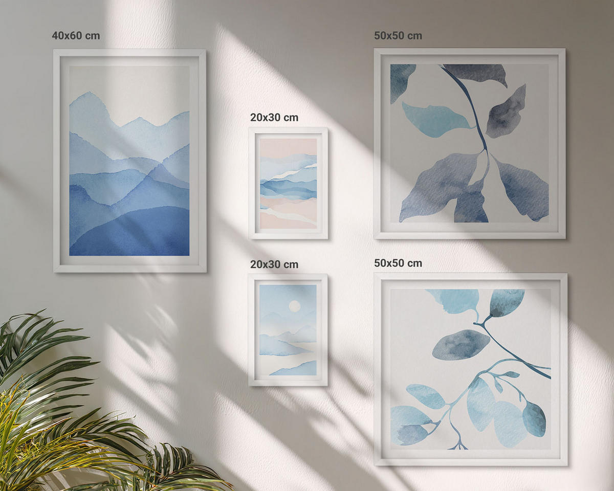 BILDER SET 5er Set - 50x50 cm & 20x30 cm & 40x60 cm Weißer Rahmen - Berglandschaften, Aquarellpflanzen - Weiß, Kunststoff (40/60cm) - TULUP
