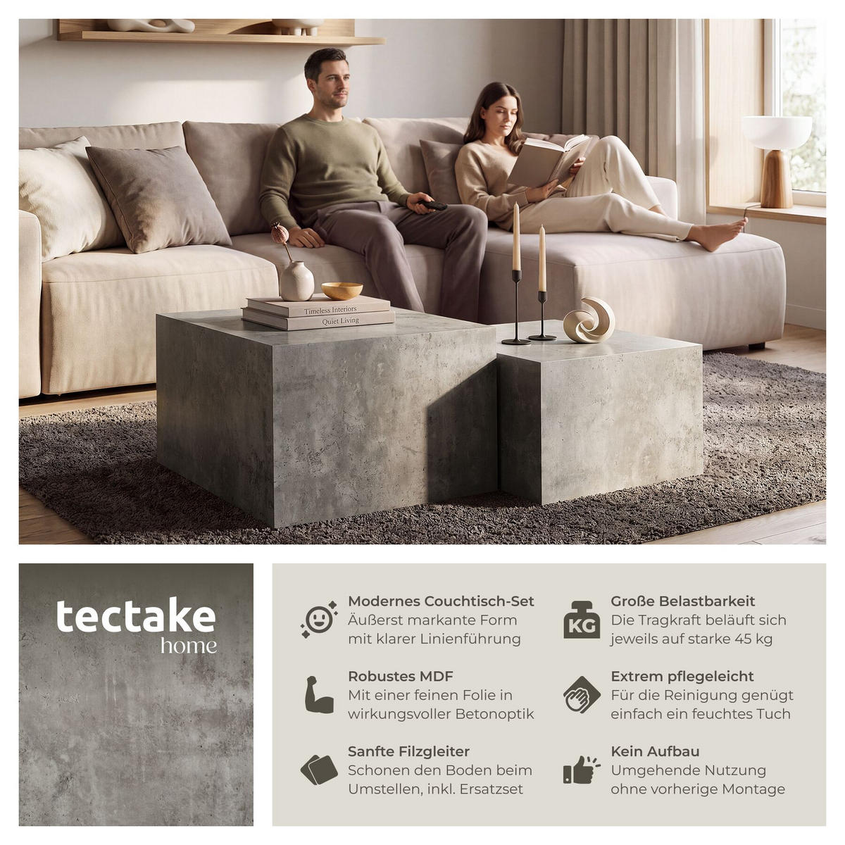 COUCHTISCH 2er Set Lacey, inkl. Filzschoner, Belastbarkeit 45 kg, Beton Optik - Grau, Holz (60/60/40cm) - tectake