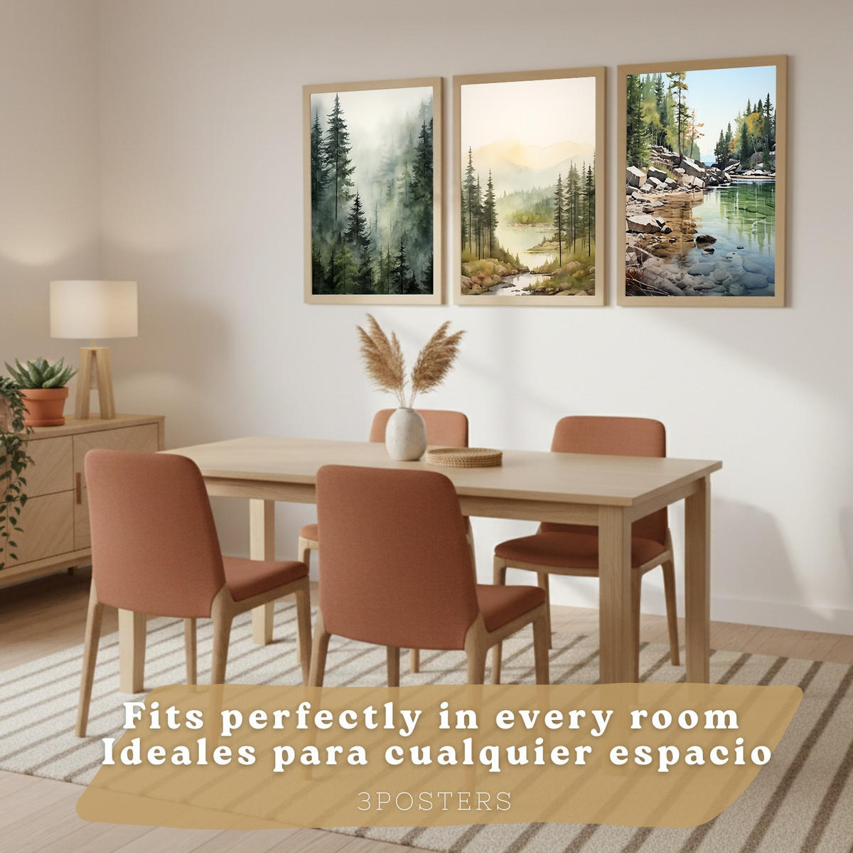 PLAKAT Sada 3 dekorativních tisků Nordic Landscape Moderní obývací Obrázky - zelené a hnědé dekorativní plakáty Dekorace Obývací A3 bez rámu - čirá, papír (29.7/42/3cm) - Nacnic