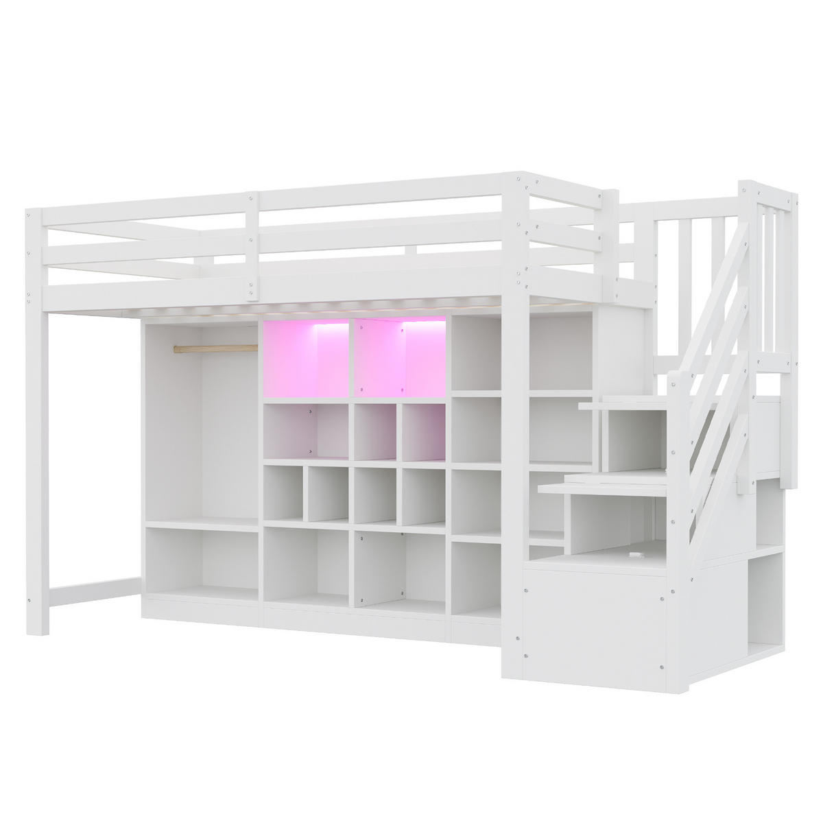 HOCHBETT 90/200 cm DE-01520, in Weiß, mit Stauraumschränken, Kleiderschrank und LED-Beleuchtung - Weiß, Holz (90/200cm) - ComfortXL