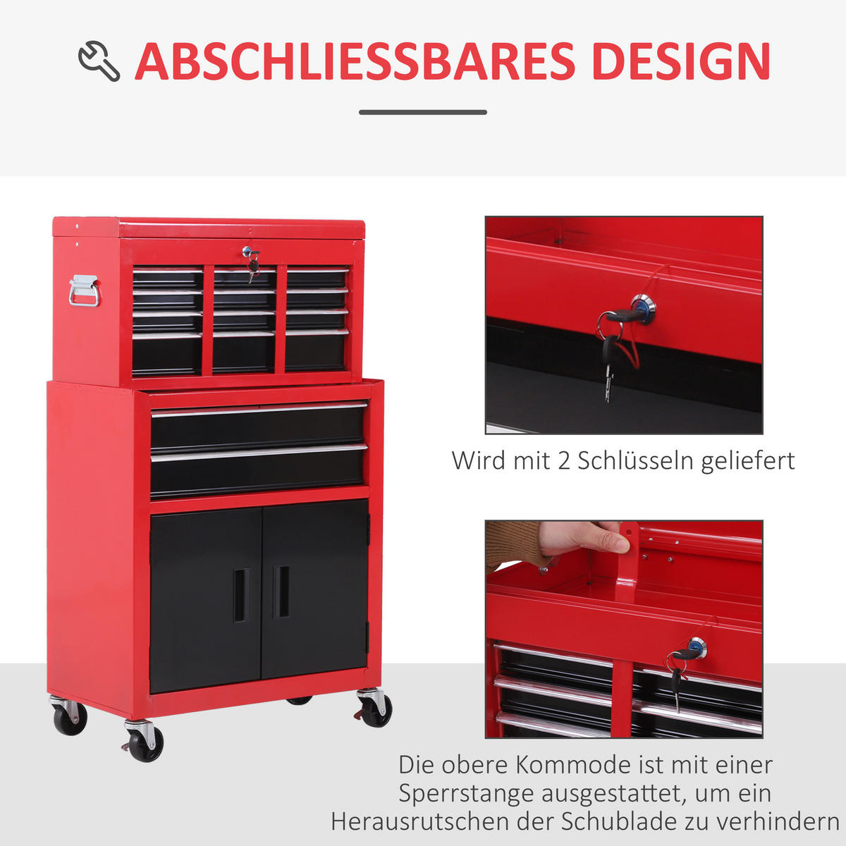 WERKSTATTWAGEN mit Werkzeugkasten 2 Schlüssel Metall Rot+Schwarz - Multicolor, Metall (61.6/108/33cm) - HOMCOM