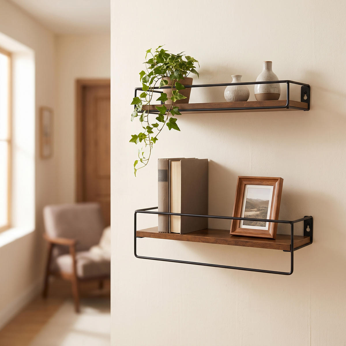 WANDREGAL Vintagebraun 2er-Set mit Metallstange - Braun, Holzwerkstoff/Metall (40/9/15.5cm) - Relaxdays