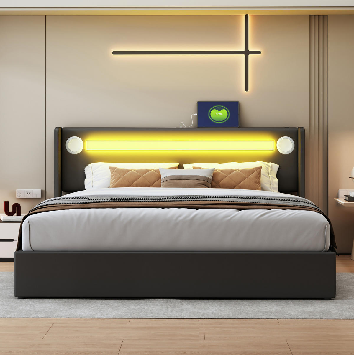 POLSTERBETT mit Bettkasten 160/200 cm in Schwarz mit LED-Beleuchtung & USB - Schwarz, Kunststoff (160/200cm) - BEAOK