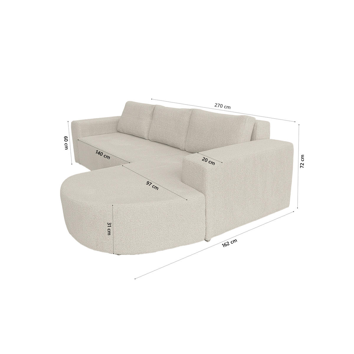 ECKSOFA Tolga mit Schlaffunktion, Taupe - Greige, Textil (270/162cm) - Fedve