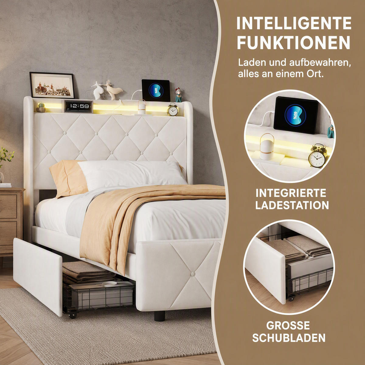 POLSTERBETT, LED-Beleuchtung Einzelbett 90x200cm mit Ladefunktion und 2 Schubladen, Samt, beige - Beige, Holz/Holzwerkstoff (90/200cm) - GENKI LIVING