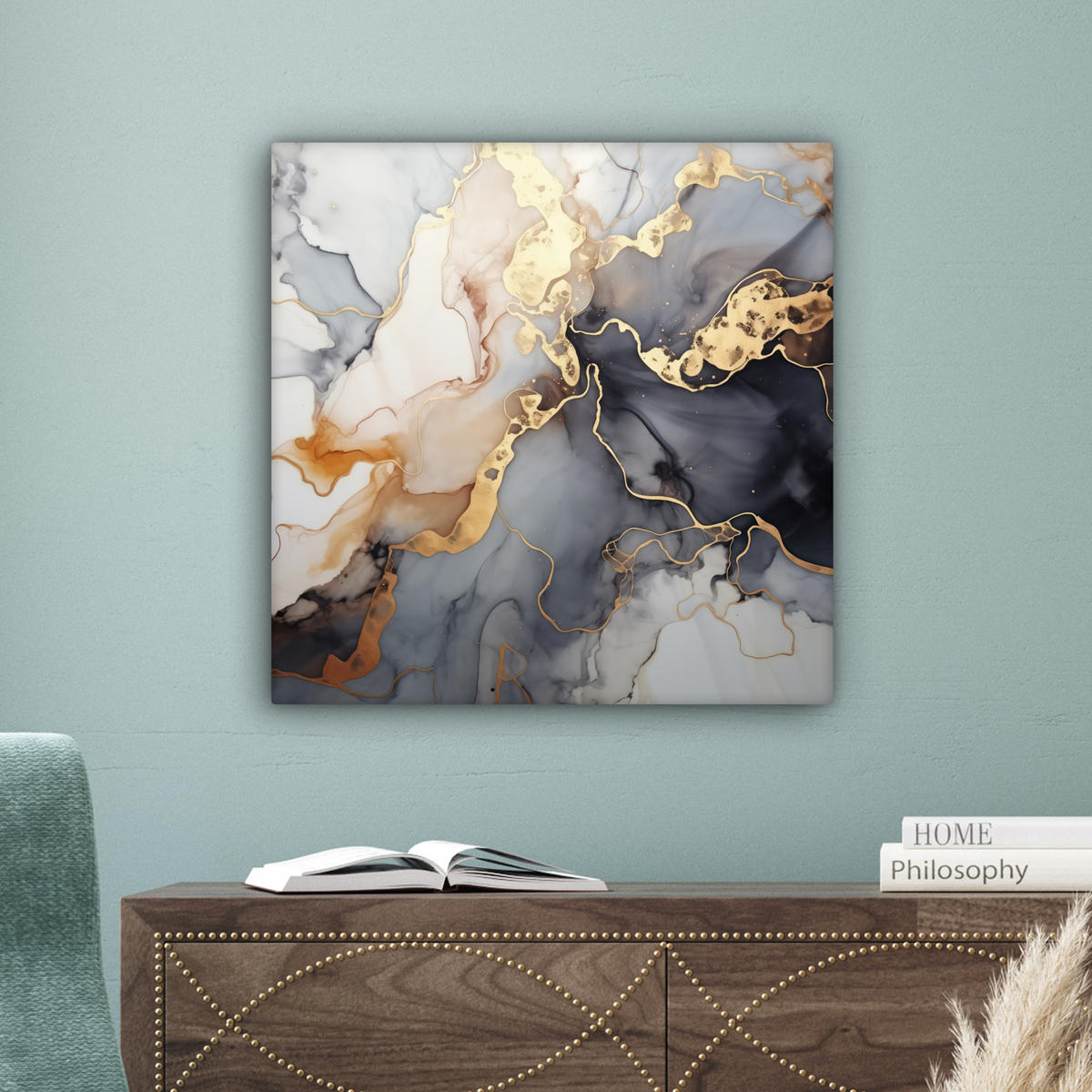 LEINWANDBILD Marmor - Schwarz - Gold - Weiß 50x50 cm - Dunkelgrau, Textil (50/50cm) - MuchoWow
