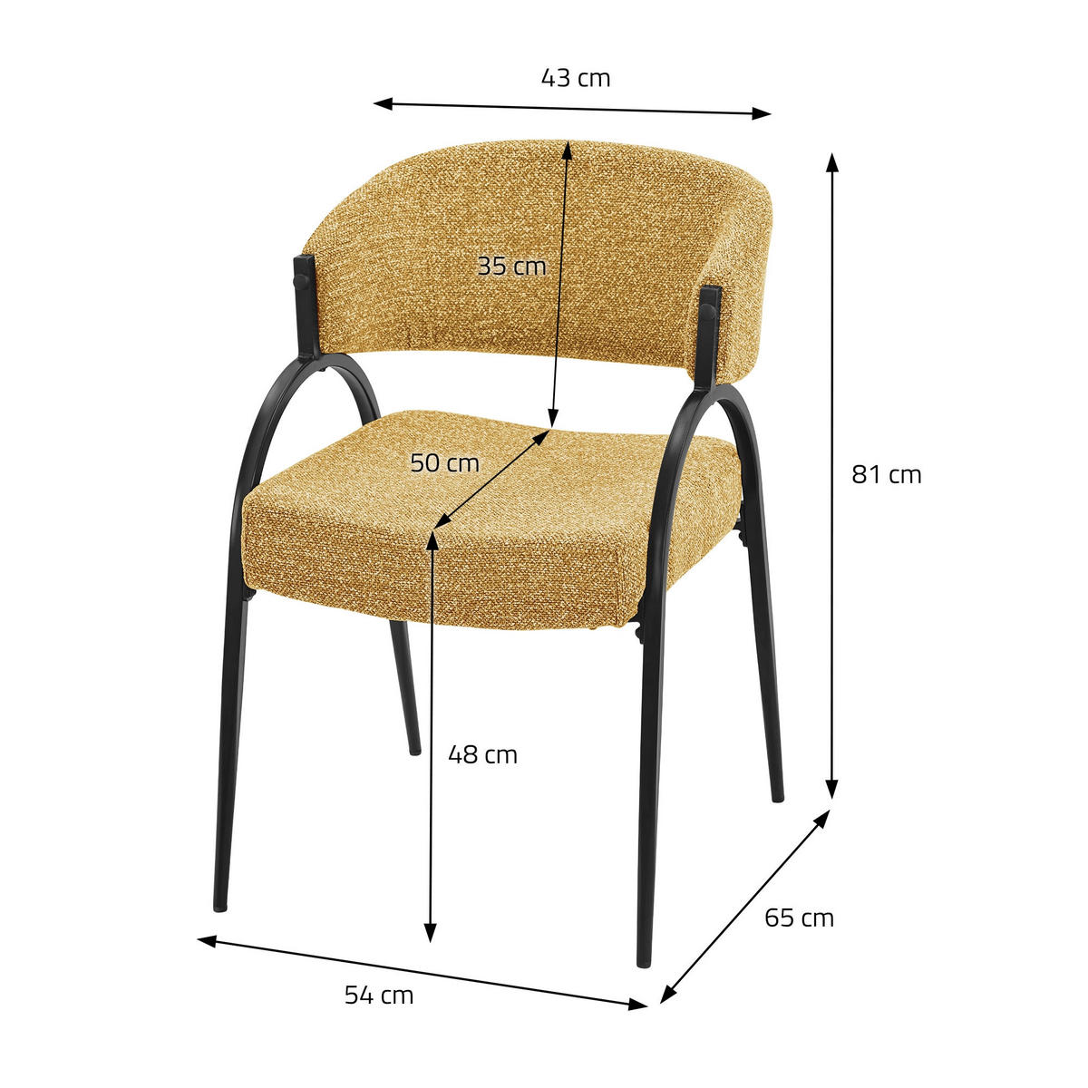 ESSZIMMERSTUHL 2er Set Küchenstühle gepolstert mit Webstoff-Bezug und Arm- und Rückenlehne Senf - Gelb/Schwarz, Textil/Metall (54/81/65cm) - ML-DESIGN