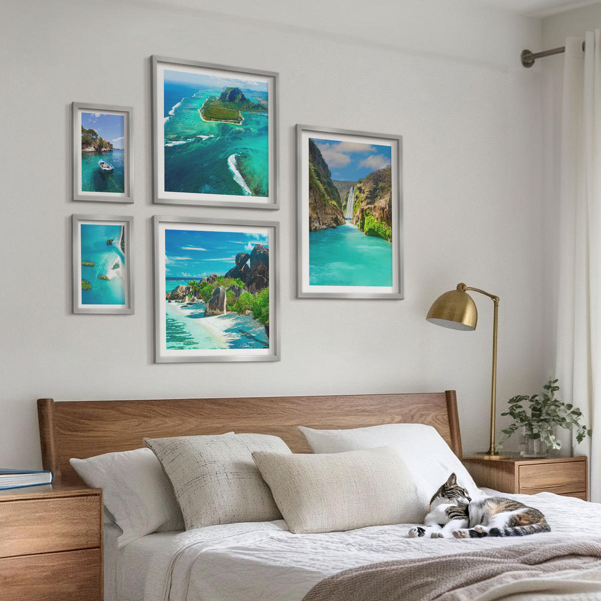 WANDBILDER 5er Set - 50x50 cm & 20x30 cm & 40x60 cm Silberner Rahmen - Seeboote Hirsche Berge - Silberfarben, Kunststoff (40/60cm) - ArtPrintCave