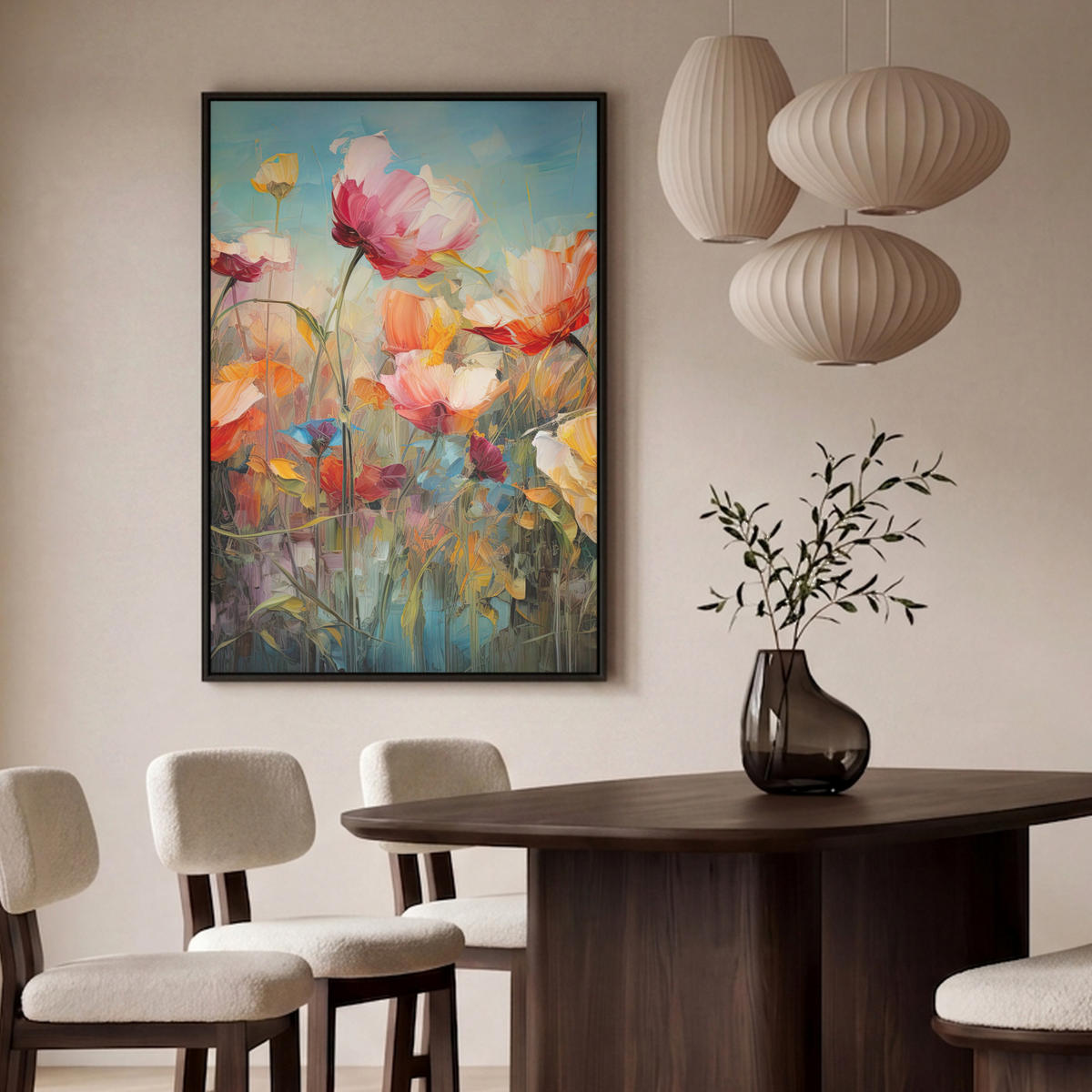 LEINWAND Bilder mit Rahmen - Blumen - Aquarell - Kunst - Botanisch - Natur - 90x140 - Orange, Textil (90/140cm) - MuchoWow