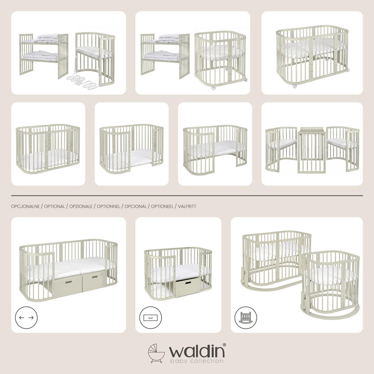 BABYBETT OLIVE, 7in1 mit Matratze - Olivgrün, Holz (73/123cm) - waldin