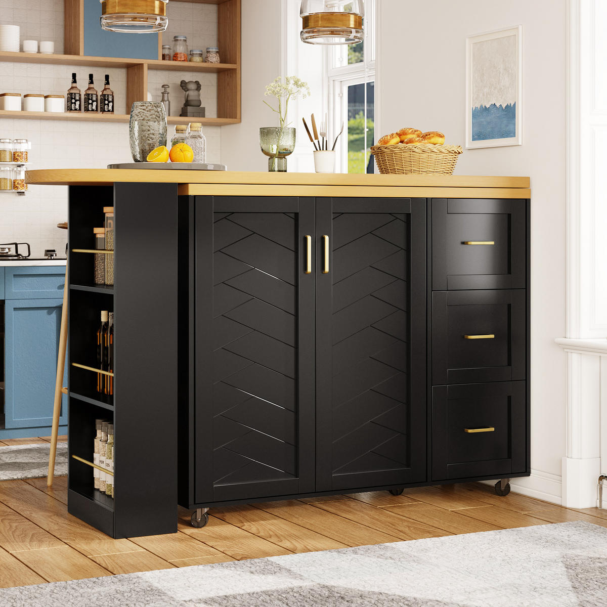 BARTISCH ausziehbar mit Stauraum & 5 Rollen, 135-228/39/104 cm, Schwarz - Schwarz, Holzwerkstoff (39/104/135cm) - Redom