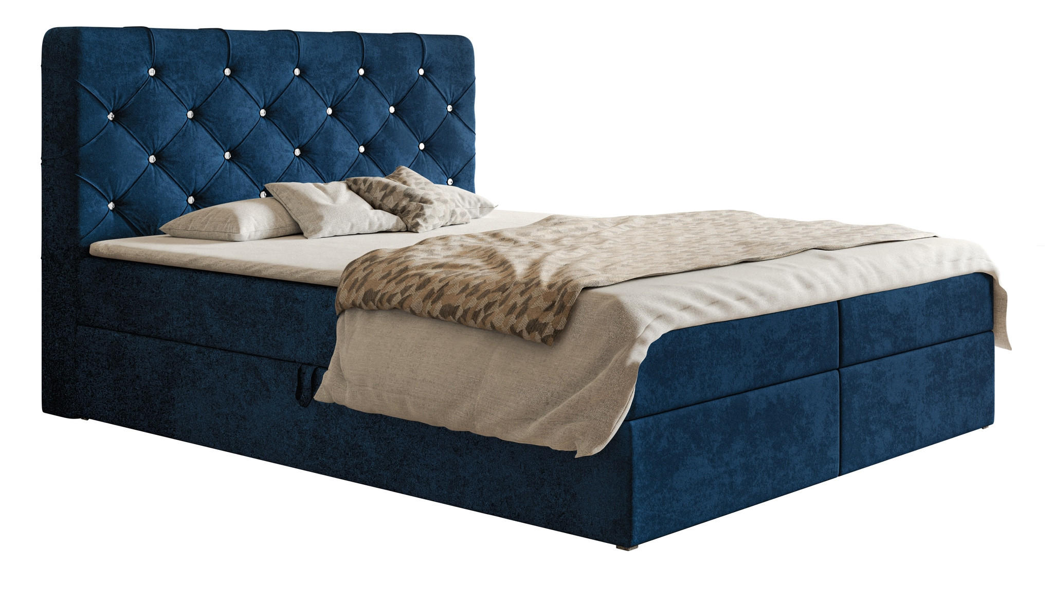 DOPPELBETT mit Matratze 160x200 Polo, Kristallknöpfen, Bettkasten, Blau - Blau, Holz/Textil (160/200cm) - Emporius