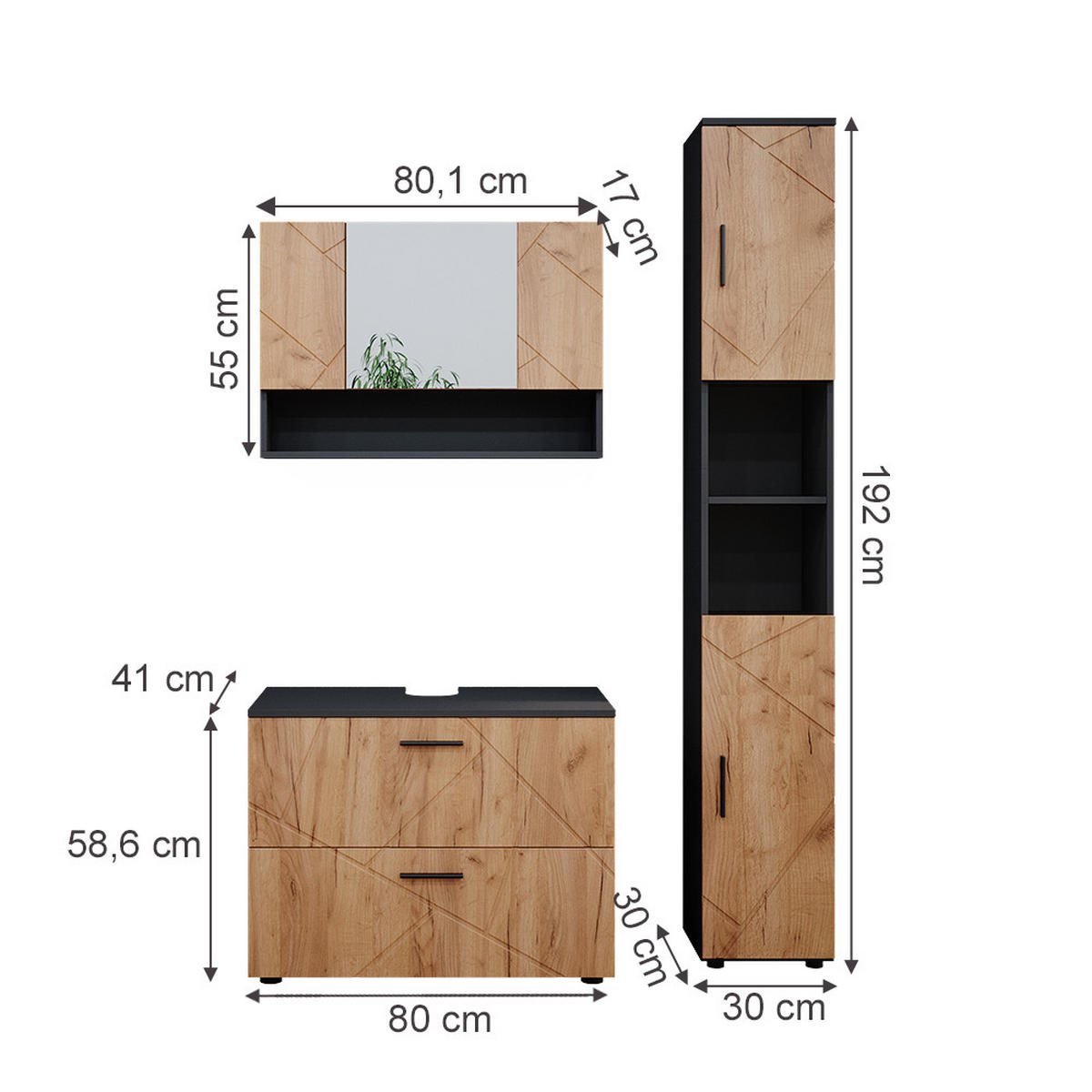 BADMÖBEL-SET Irma Goldkraft Eiche/Anthrazit 3 Teile mit Spiegelschrank 80 cm - Anthrazit/Eiche Wotan, Holzwerkstoff (80/58.6/41cm) - Vicco