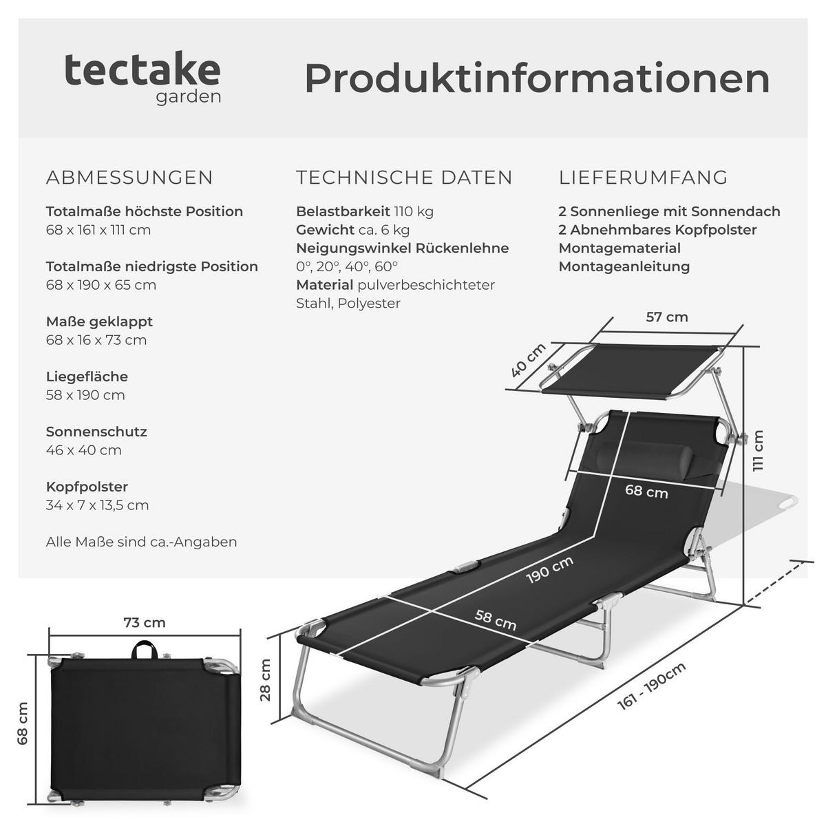 SONNENLIEGE 2er Set Chloé, 190 x 68 x 111 cm, schwarz - Schwarz, Kunststoff (68/65/190cm) - tectake