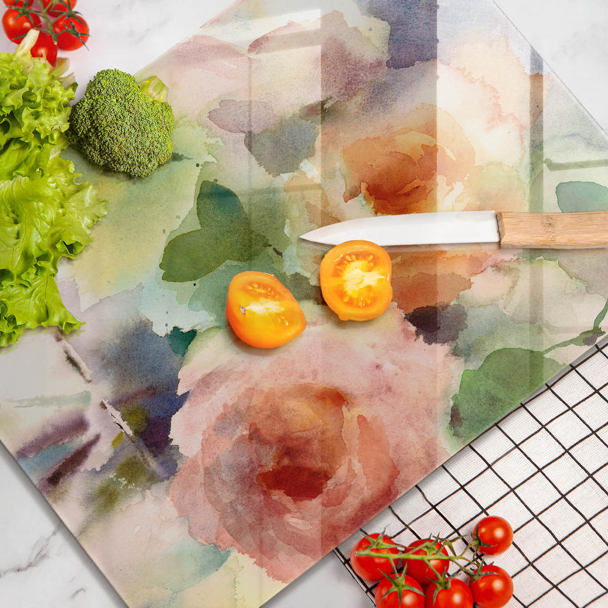 GLASPLATTE 40x52 cm Gemalte Blumen - Dunkelblau, Glas (40/52cm) - Wallfluent