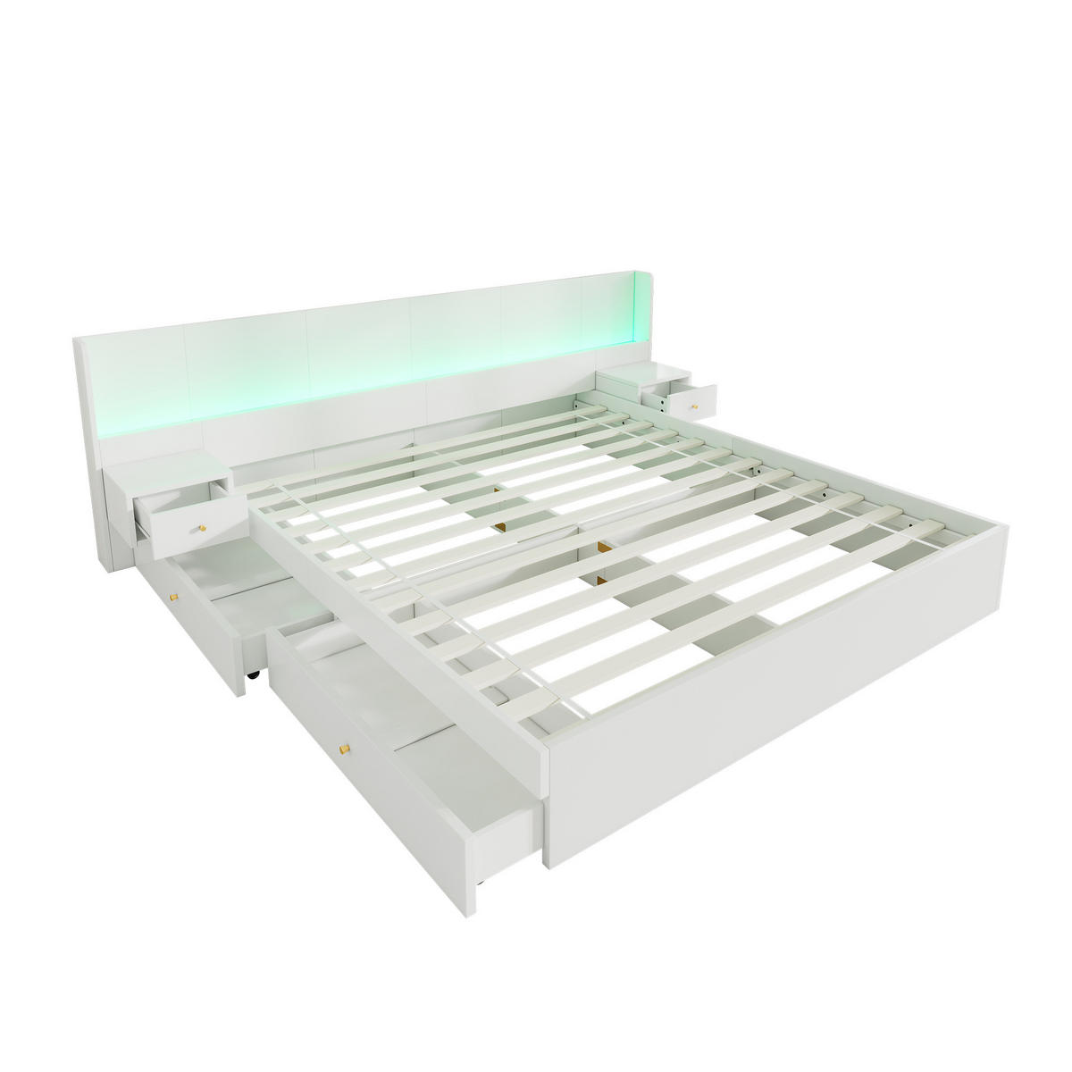 DOPPELBETT 180/200 cm mit USB-Anschlüssen, Steckdosen, LED-Beleuchtung und 2 Nachttischen mit Schubladen, Weiß - Weiß, Holzwerkstoff (180/200cm) - Redom