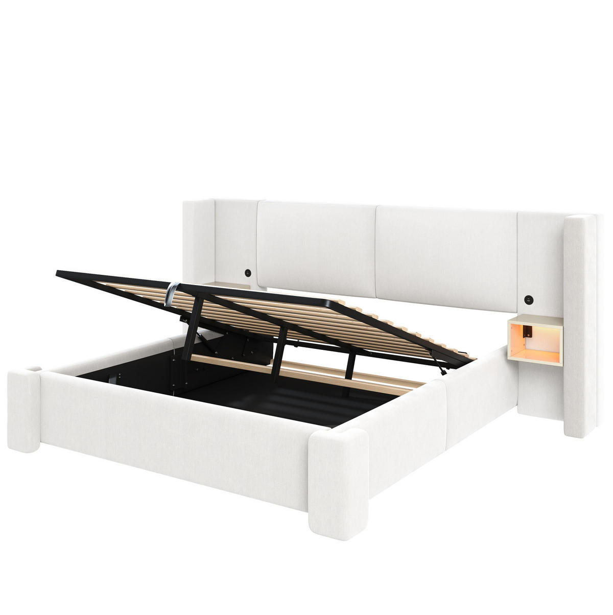 POLSTERBETT aus Leinen und MDF 140x200 cm Beige mit LED-Beleuchtung und hydraulischem Stauraum - Beige, Textil (140/200cm) - Modfu