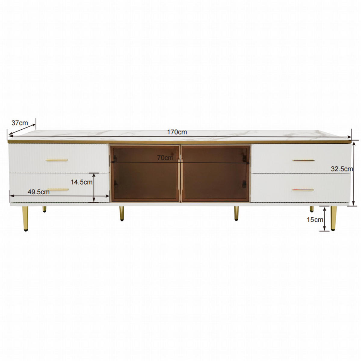 TV-SCHRANK 170x37cm Marmoroptik 4 Strukturschubladen goldene Griffe Glastüren - Weiß, Holz (40.5/24.5/87cm) - FLIEKS