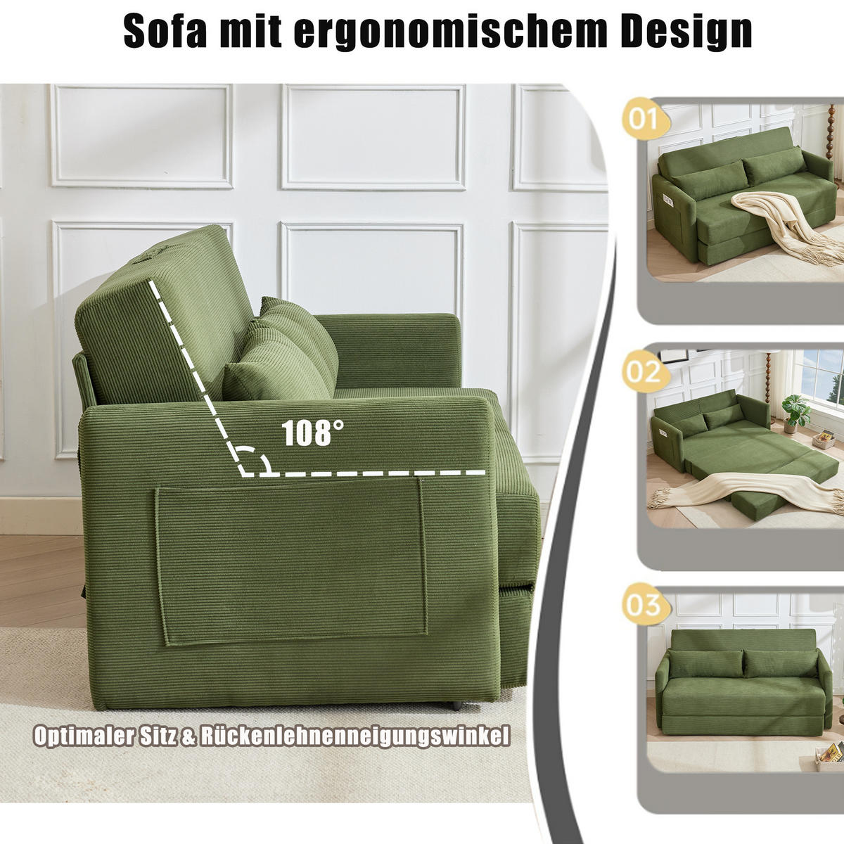 2-SITZER SCHLAFSOFA Cord Grün mit Kissen und Magazintaschen - Grün, Holzwerkstoff/Textil (165/67/212cm) - WISHDOR