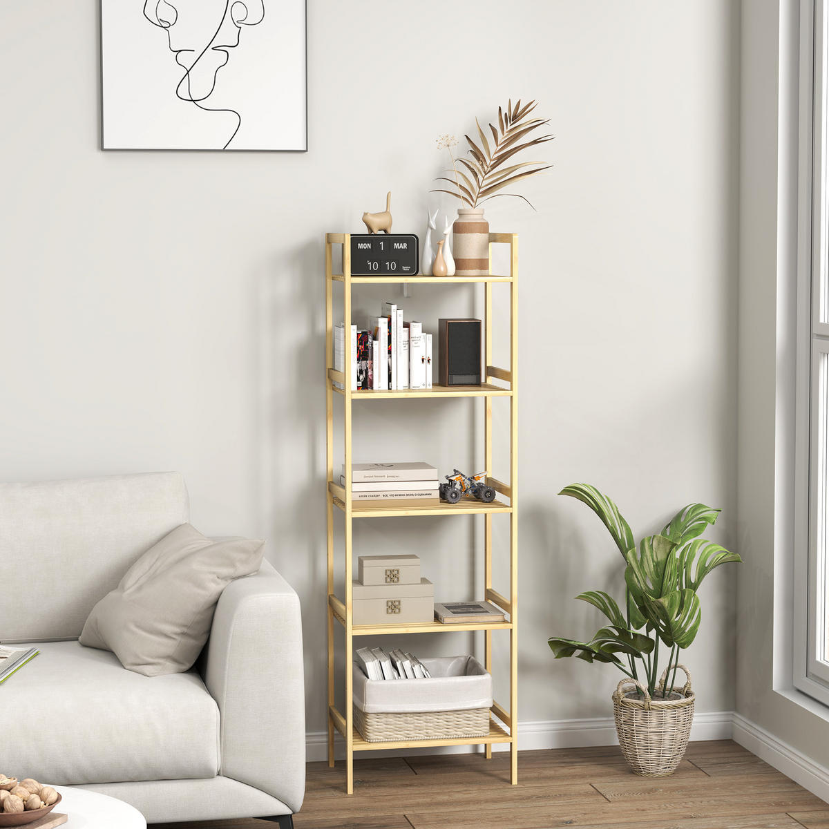 BADREGAL mit 5 Ebenen, 43,5 x 31,5 x 142 cm, Naturholz - Naturfarben, Naturmaterialien (43.5/142/31.5cm) - HOMCOM