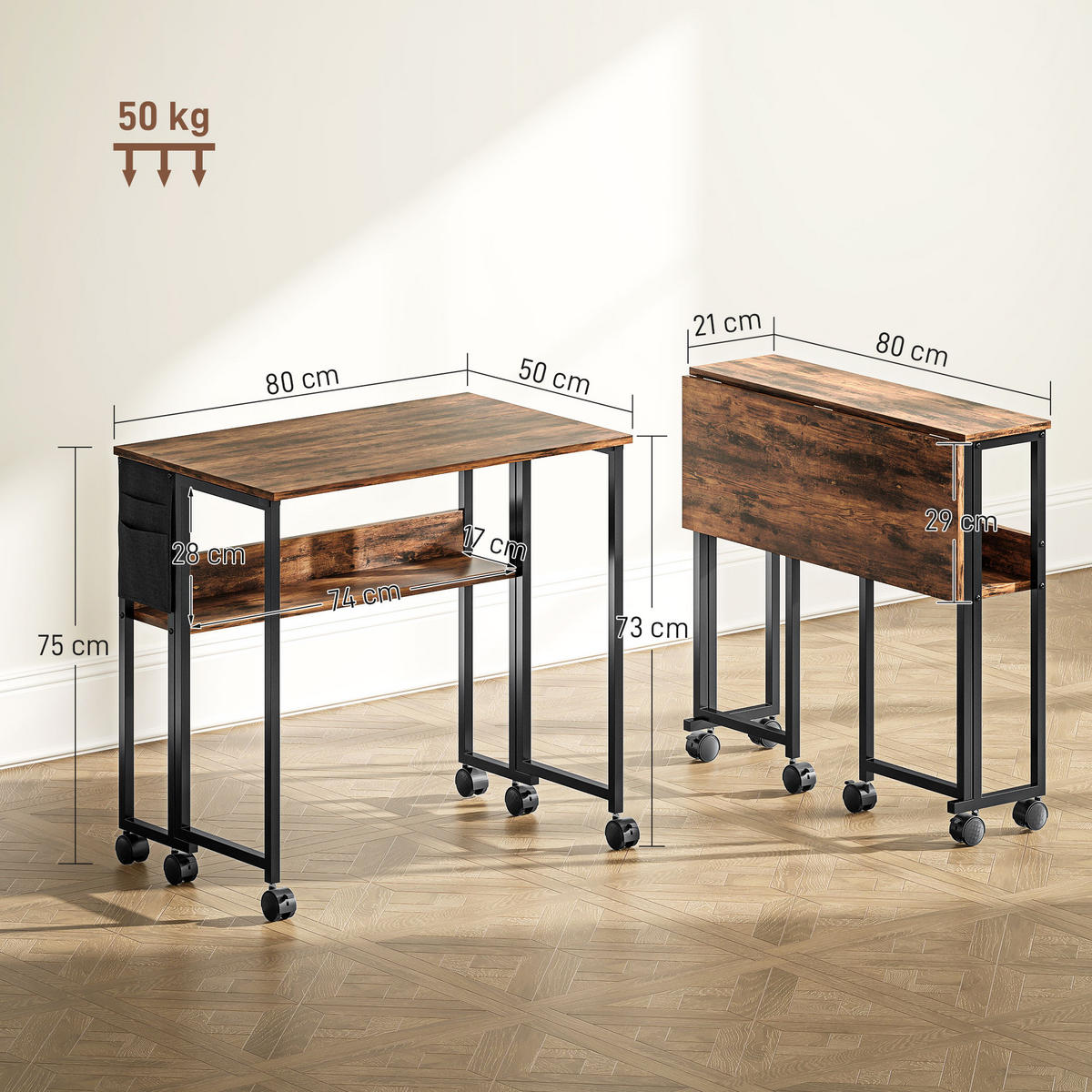 SCHREIBTISCH Braun klappbar mit Rollen und Ablage 80/50/75 cm - Rotbraun, Holzwerkstoff (50/80/75cm) - PANGIVO