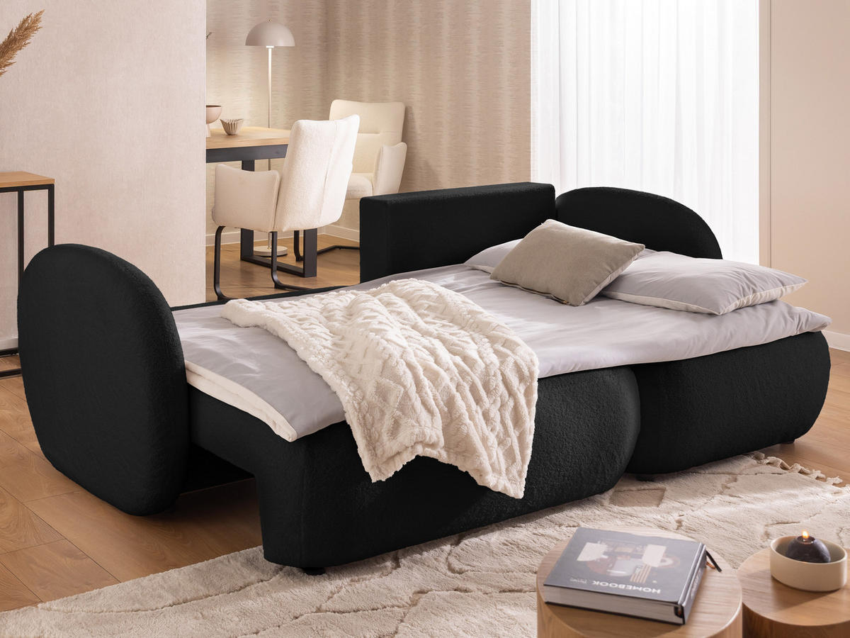 ECKSOFA Candy mit Schlaffunktion Schwarz Bouclé-Stoff - Ottomane rechts - Schwarz, Holz/Kunststoff (146/230cm) - S-Style Möbel