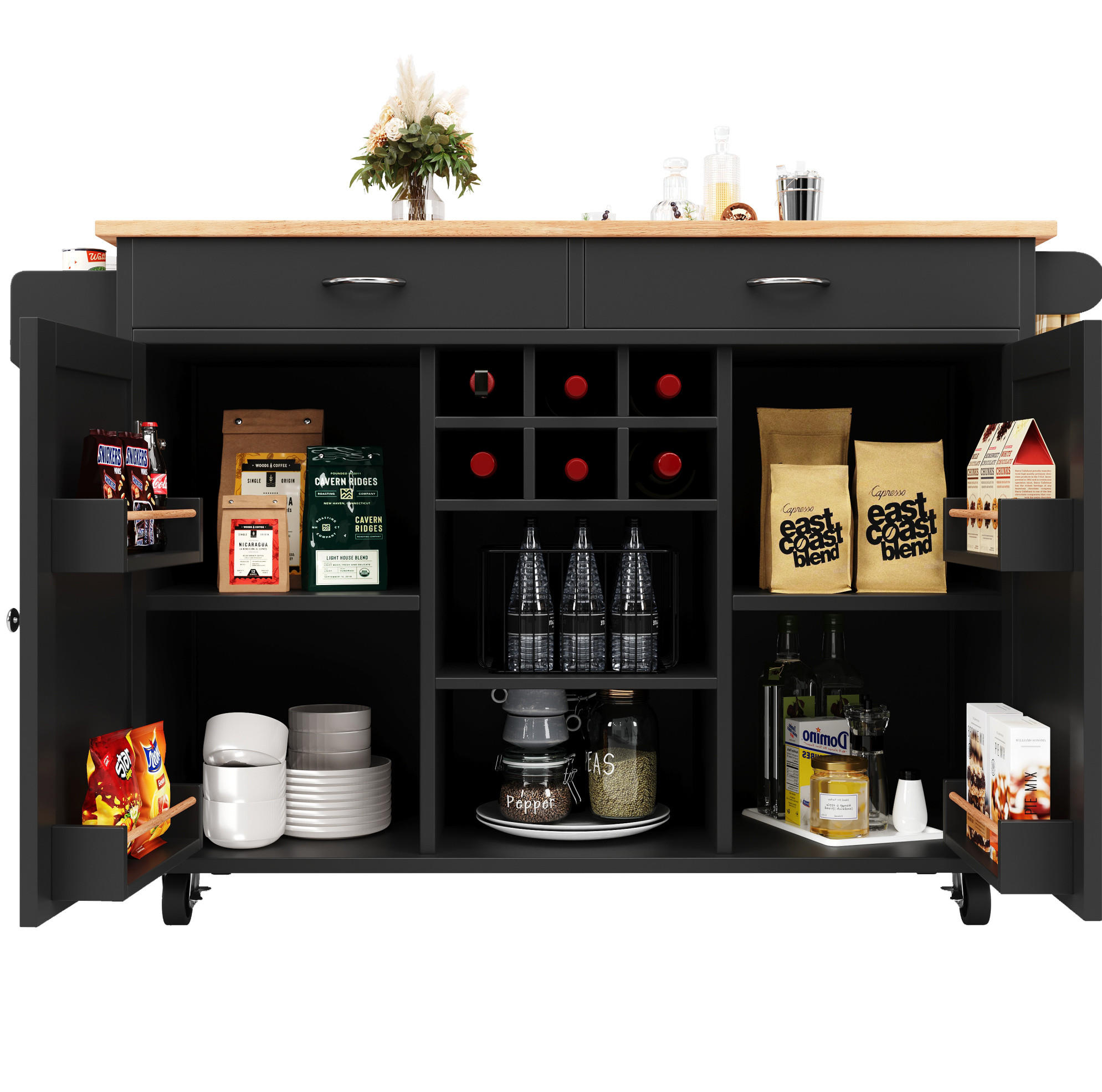 KÜCHENINSEL 102/45/92 cm schwarz und Metall mit Rollen und Weinregal - Schwarz, Holzwerkstoff (102/92/45cm) - OKWISH