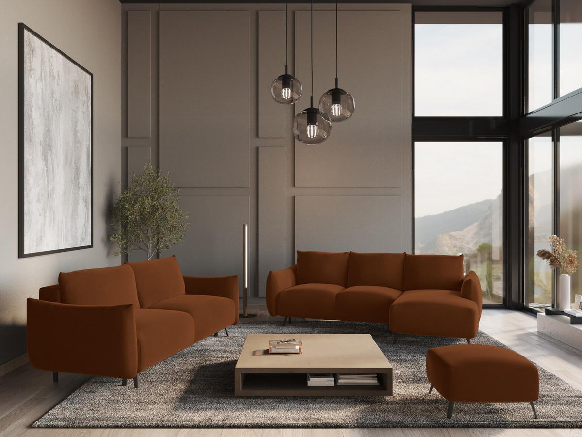 WOHNLANDSCHAFT Samt Stoff Orange - Terracotta/Schwarz, Textil/Metall (317/86/162cm) - Makamii