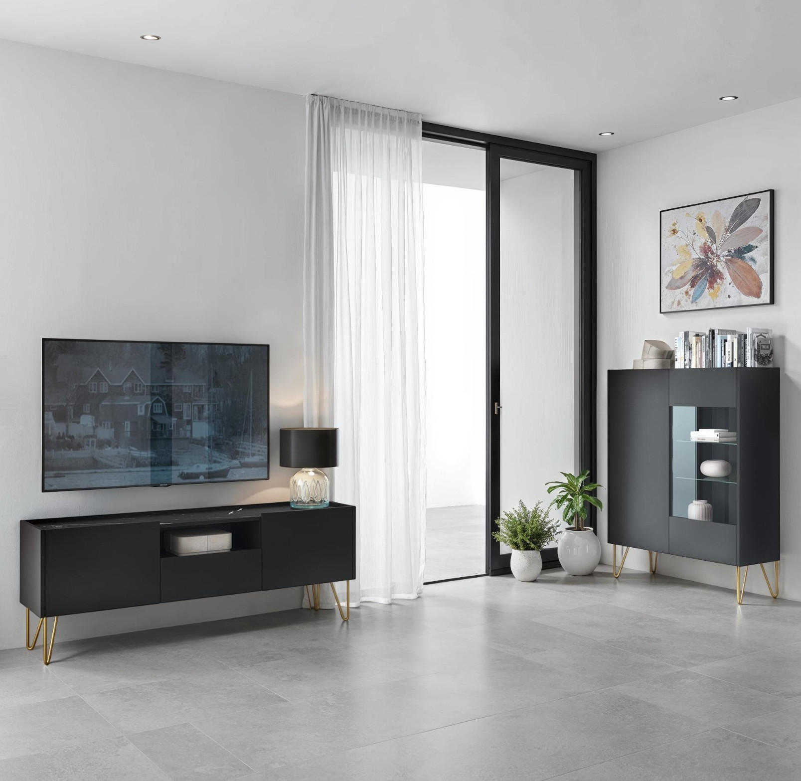 WOHNWAND Canmore 2, 2-er Set, Scharnier Häfele Marmor Schwarz Graphit Schwarz - Graphitfarben, Glas/Holzwerkstoff (241/122/37cm) - Komodee