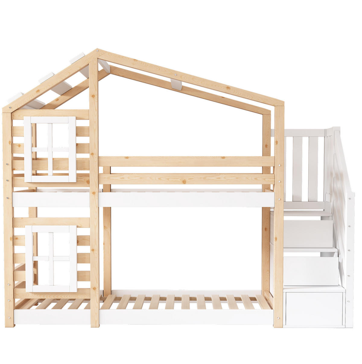 HAUSBETT 90/200 cm Natur & Weiß aus Kiefer-Massivholz und MDF mit Stauraum - Naturfarben, Holzwerkstoff (90/200cm) - OKMYHOME