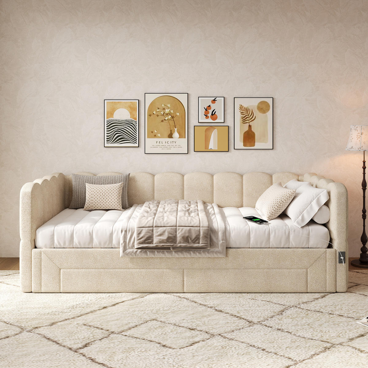 POLSTERBETT 90/200 cm beige aus Chenille mit Ausziehfunktion und USB-Anschluss - Beige, Textil (90/200cm) - OKWISH