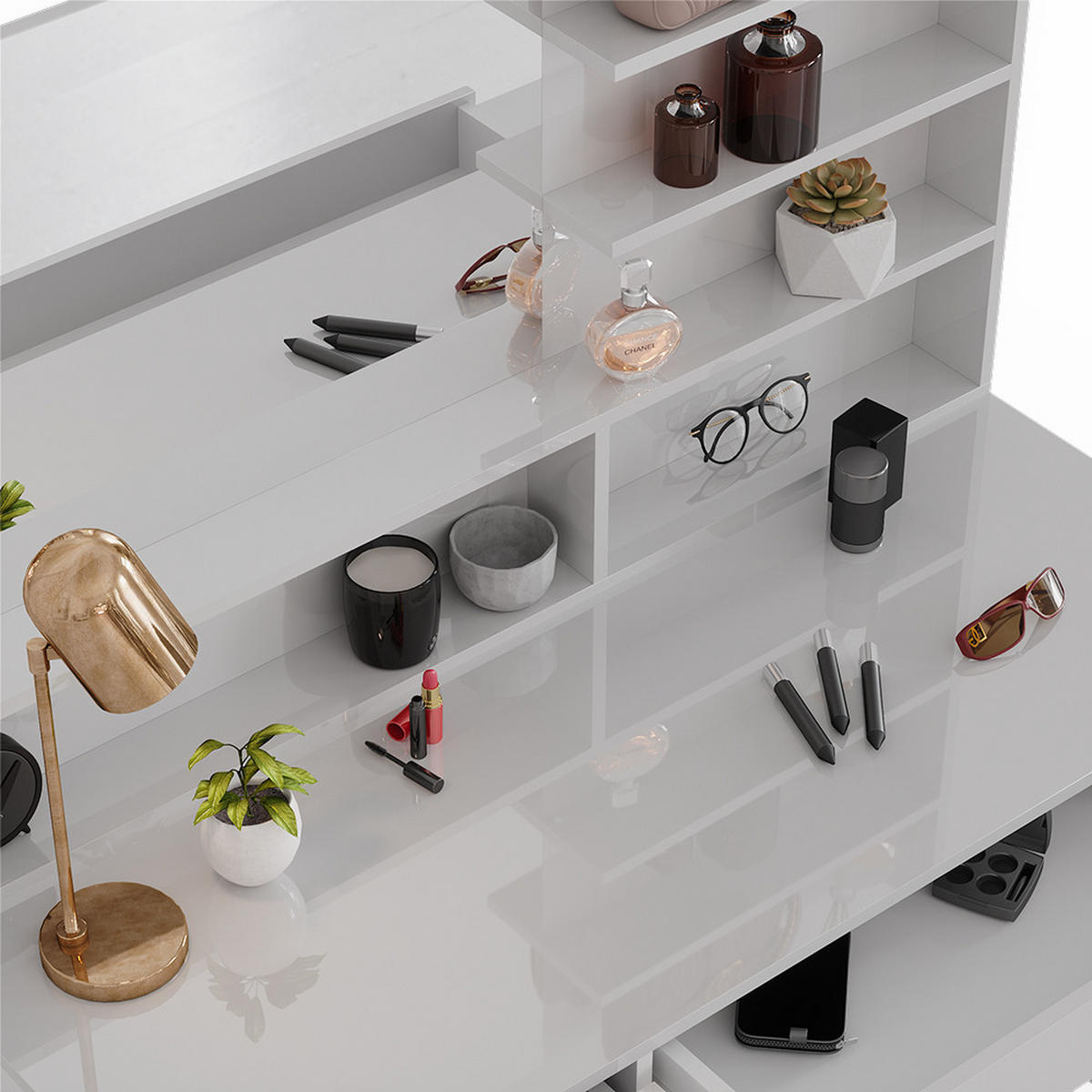 SCHMINKTISCH Sherry Weiß 145 cm mit Hocker - Weiß, Holzwerkstoff (55/75/145cm) - Vicco